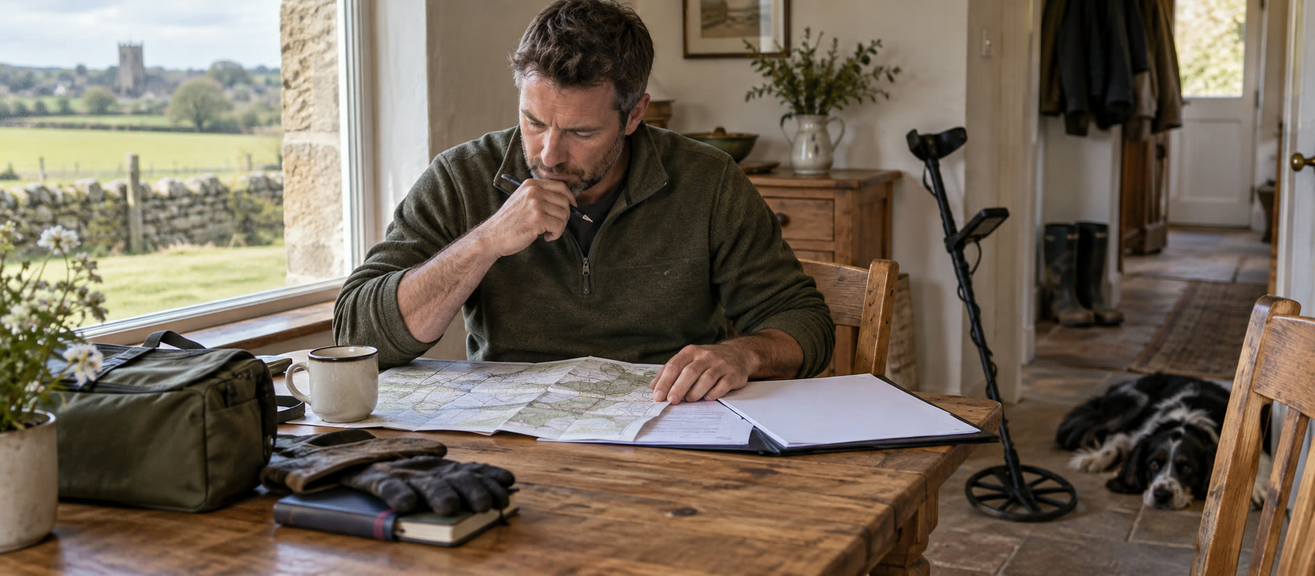 Detectorist reviewing permission and insurance papers at a farmhouse table