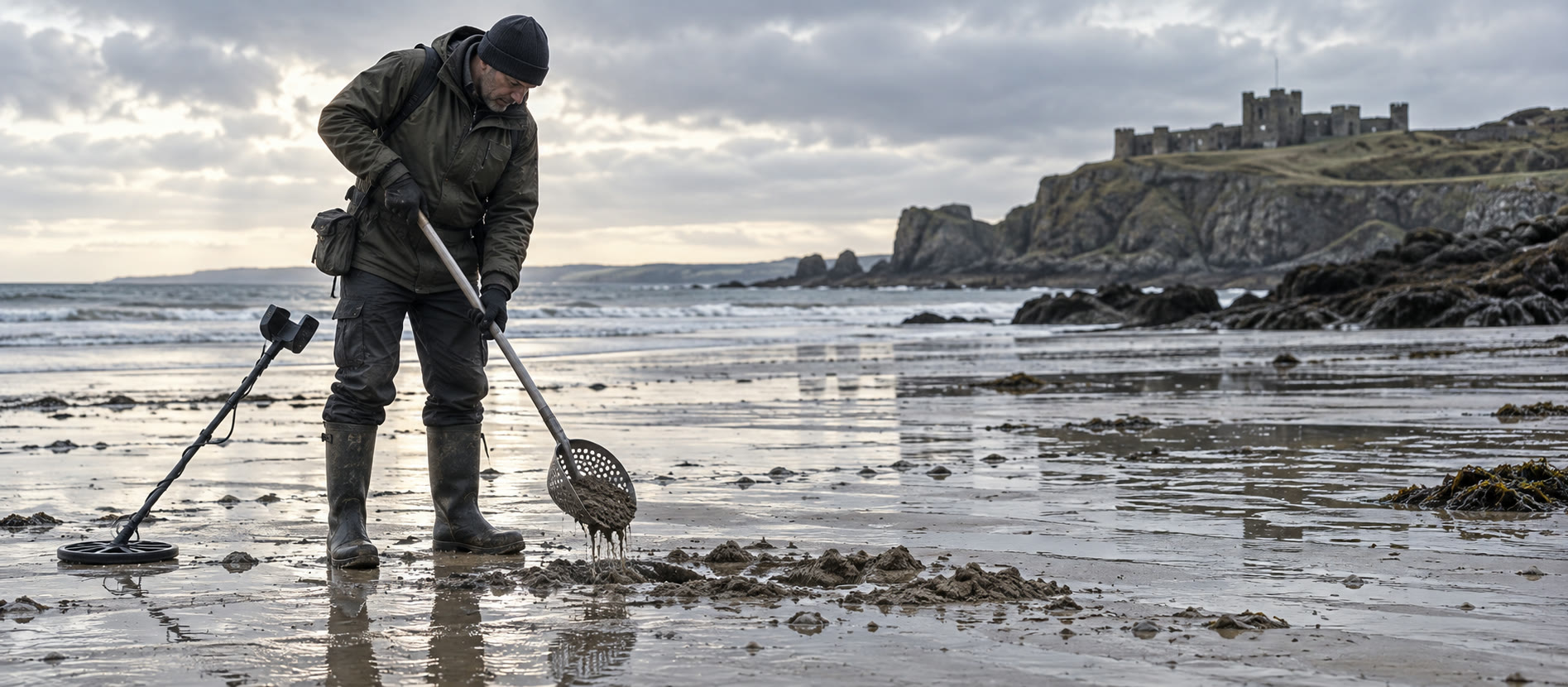 Detectorist using a long-handled sand scoop on a quiet wet British beach