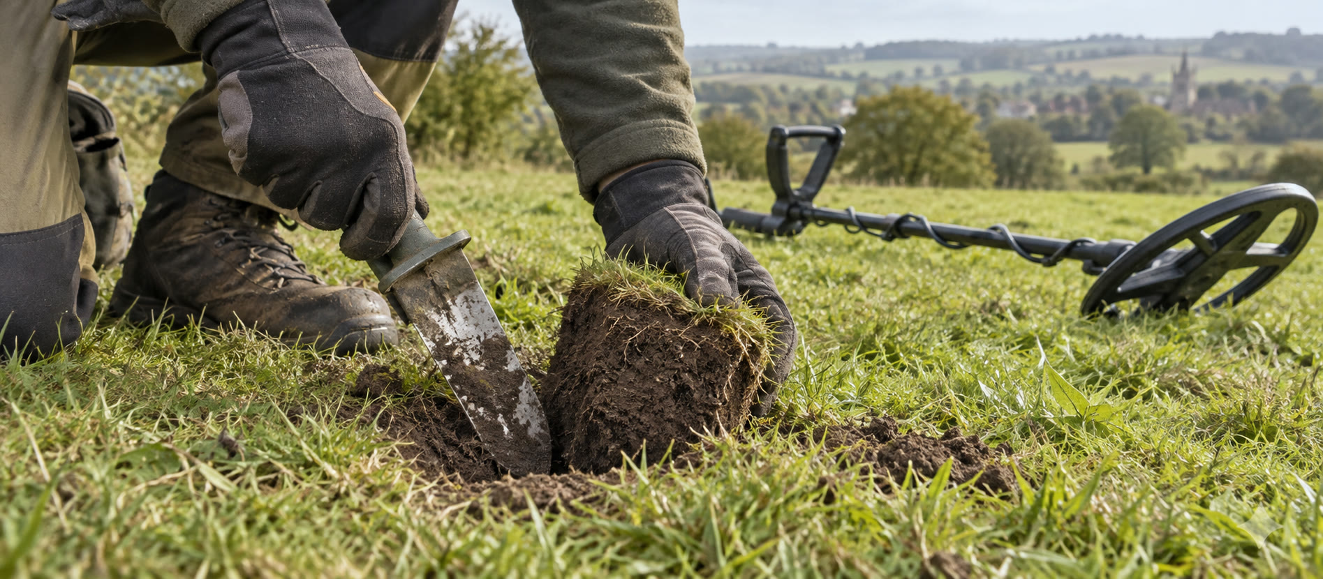 Gloved detectorist carefully using a hand trowel beside a neat plug in a British field
