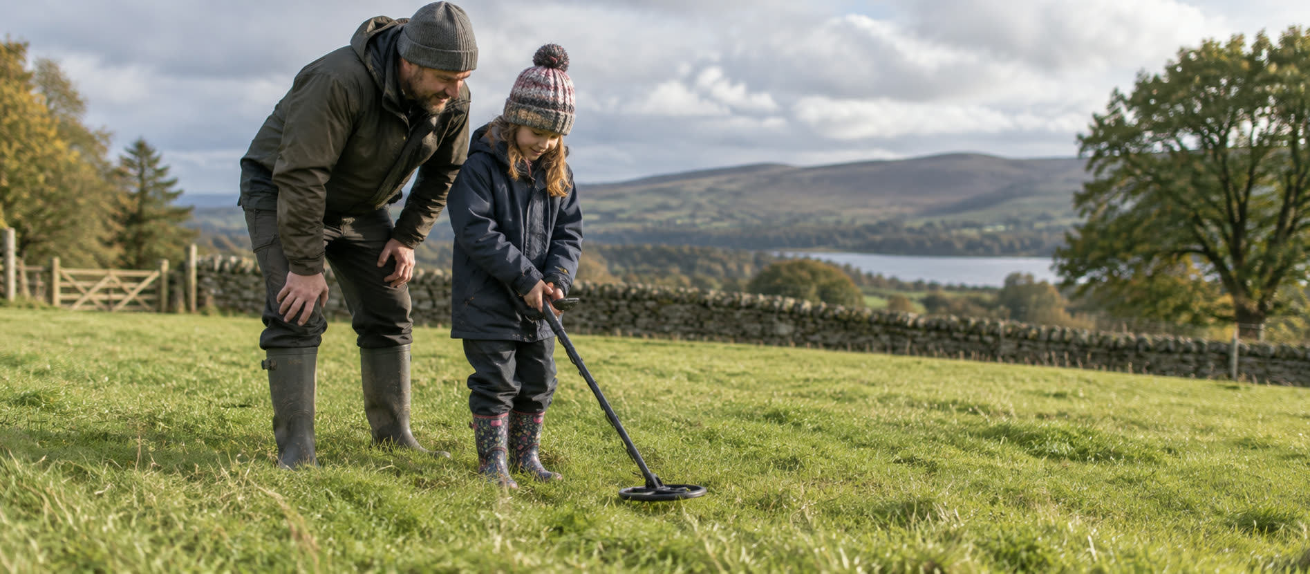 Adult supervising a child using a small detector on open British grassland