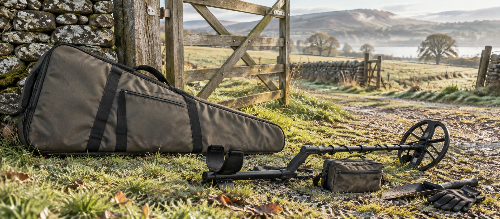Padded detector carry bag and small kit pouch beside a British field gate