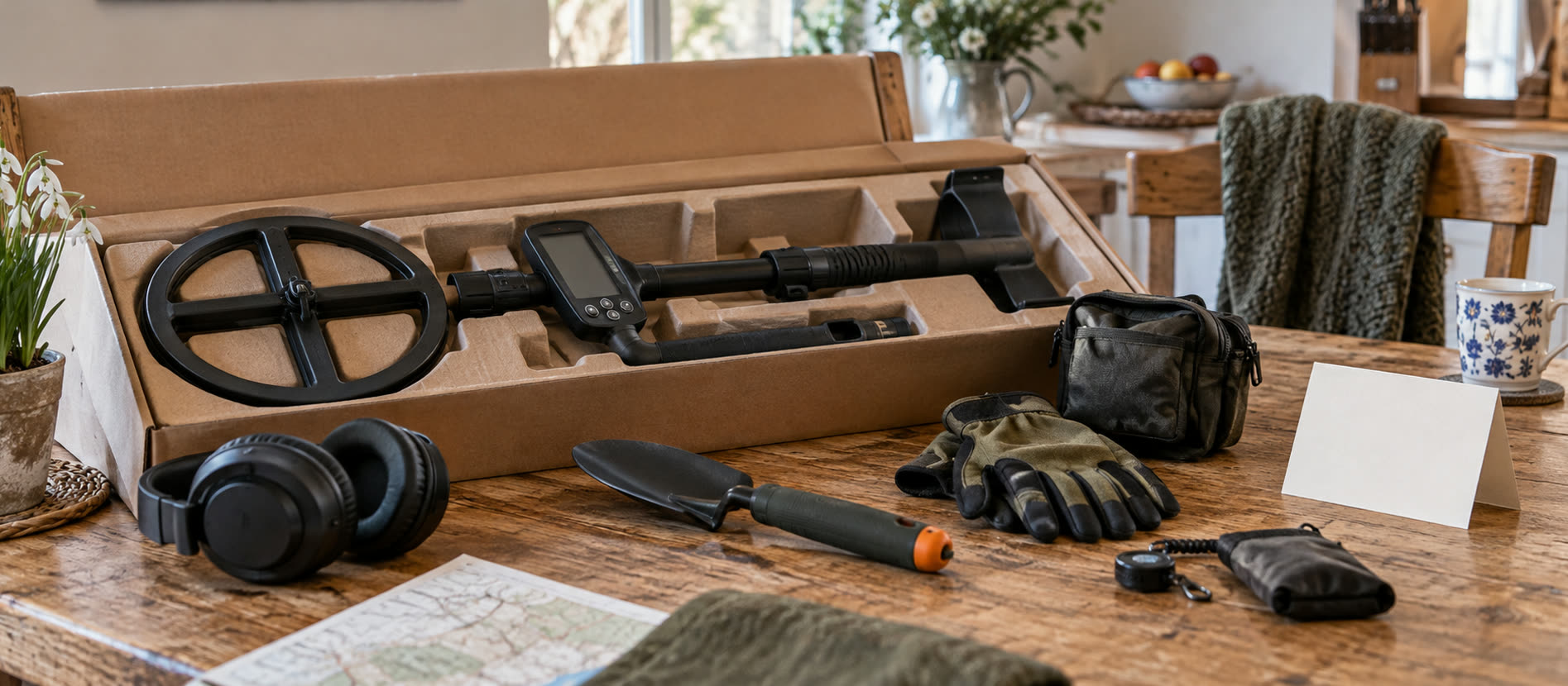 Unbranded detector and simple accessories arranged as a gift on a wooden table