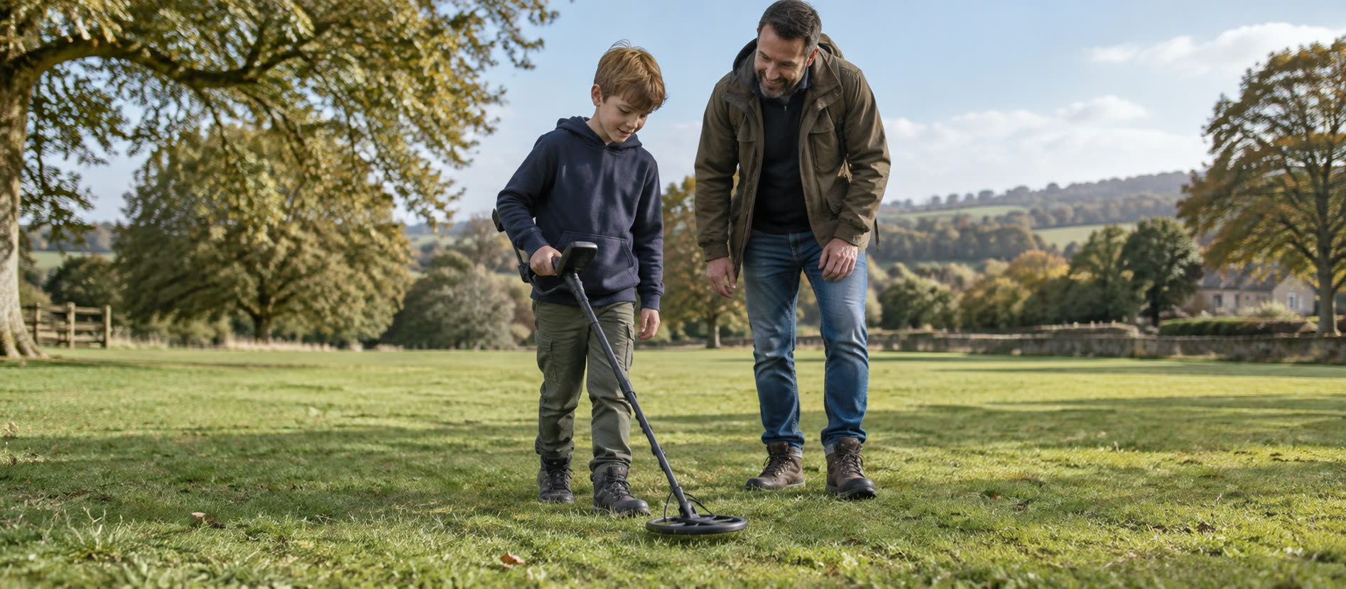 Child sweeping a compact detector while a parent watches nearby on British grassland