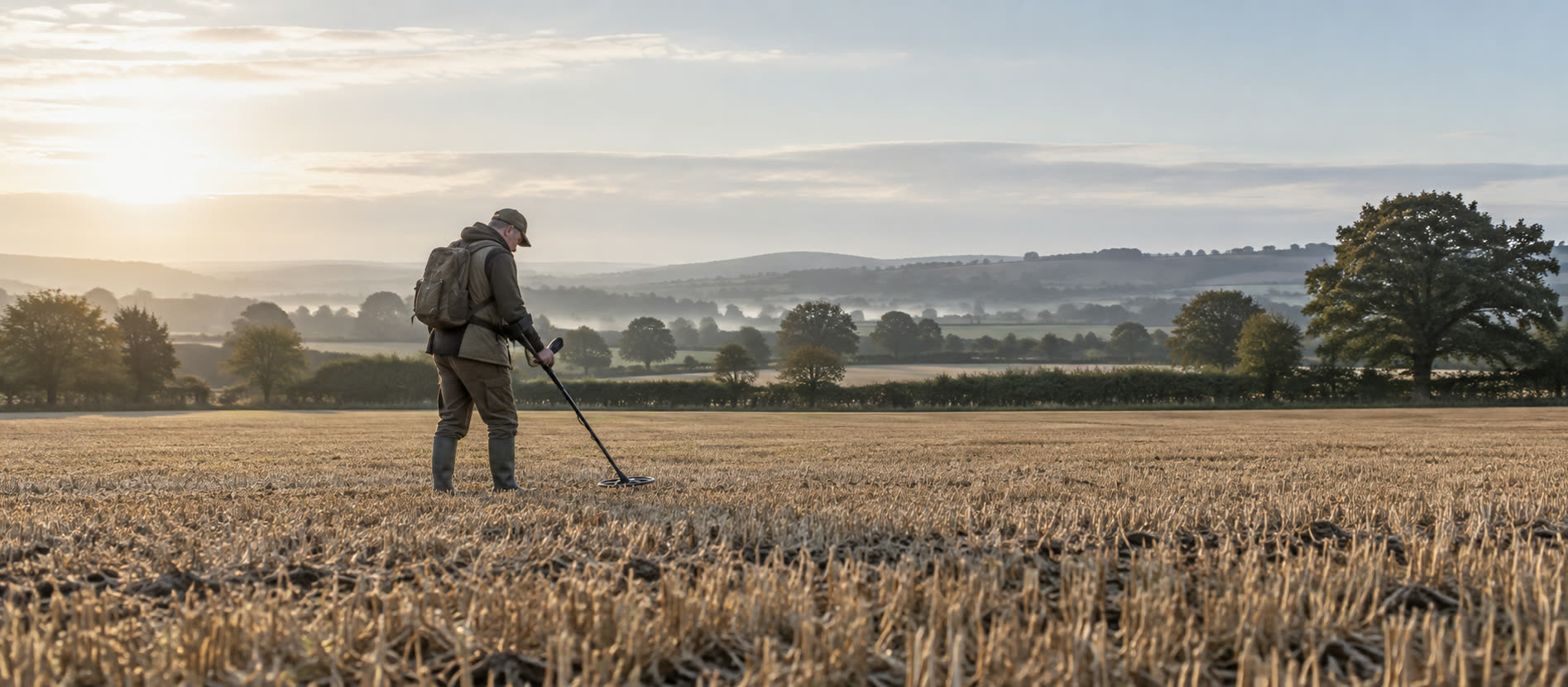 Adult detectorist sweeping short stubble in a British arable field