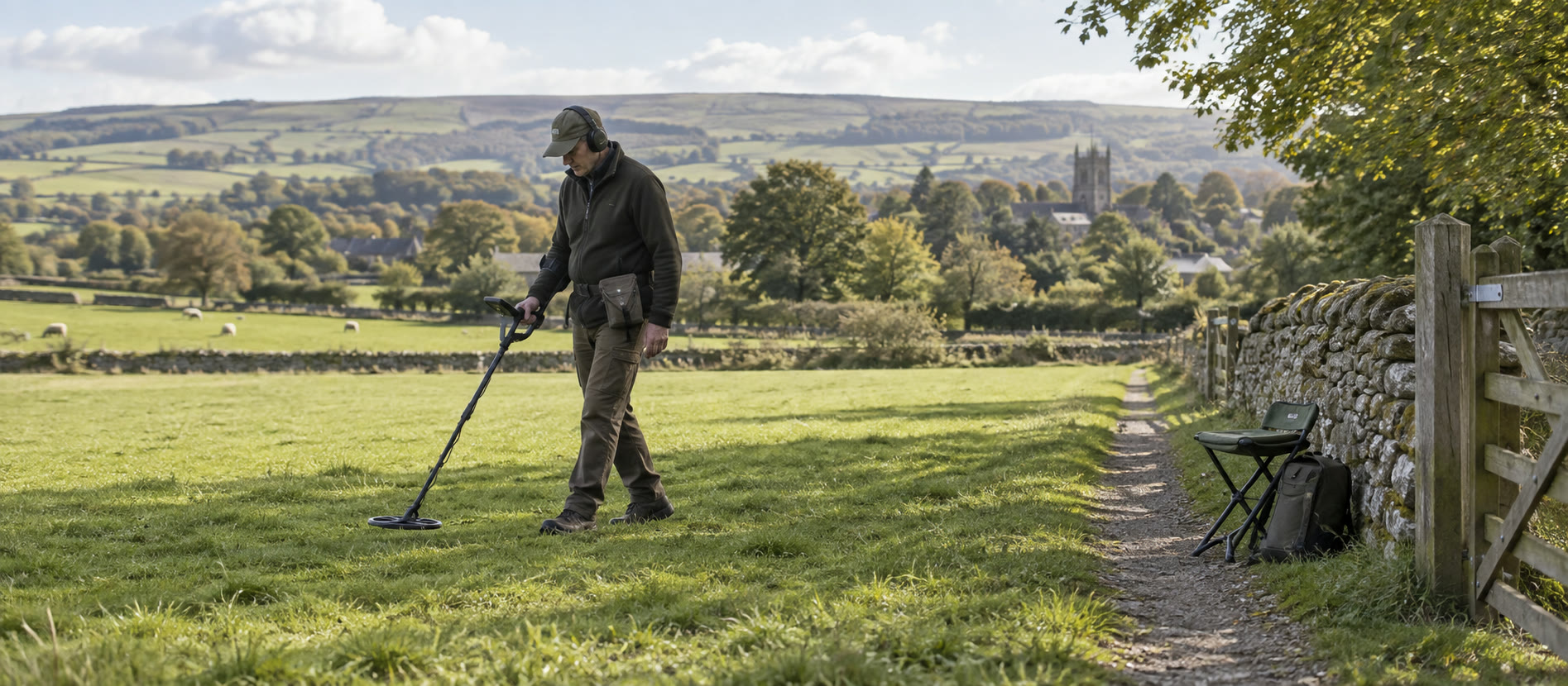 Detectorist using a lightweight machine on level British pasture with a rest seat nearby