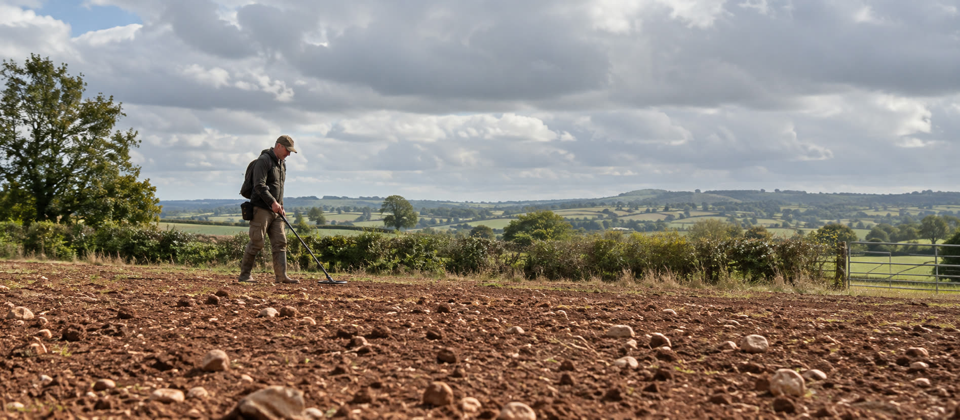Detectorist crossing a red-brown stony British field
