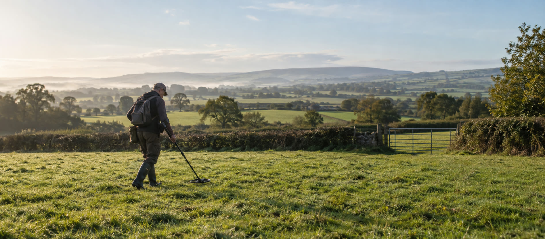 Detectorist sweeping short livestock-free British pasture in measured lanes