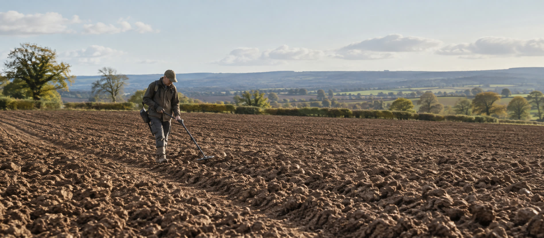 Detectorist sweeping a freshly ploughed British field beside dry furrows