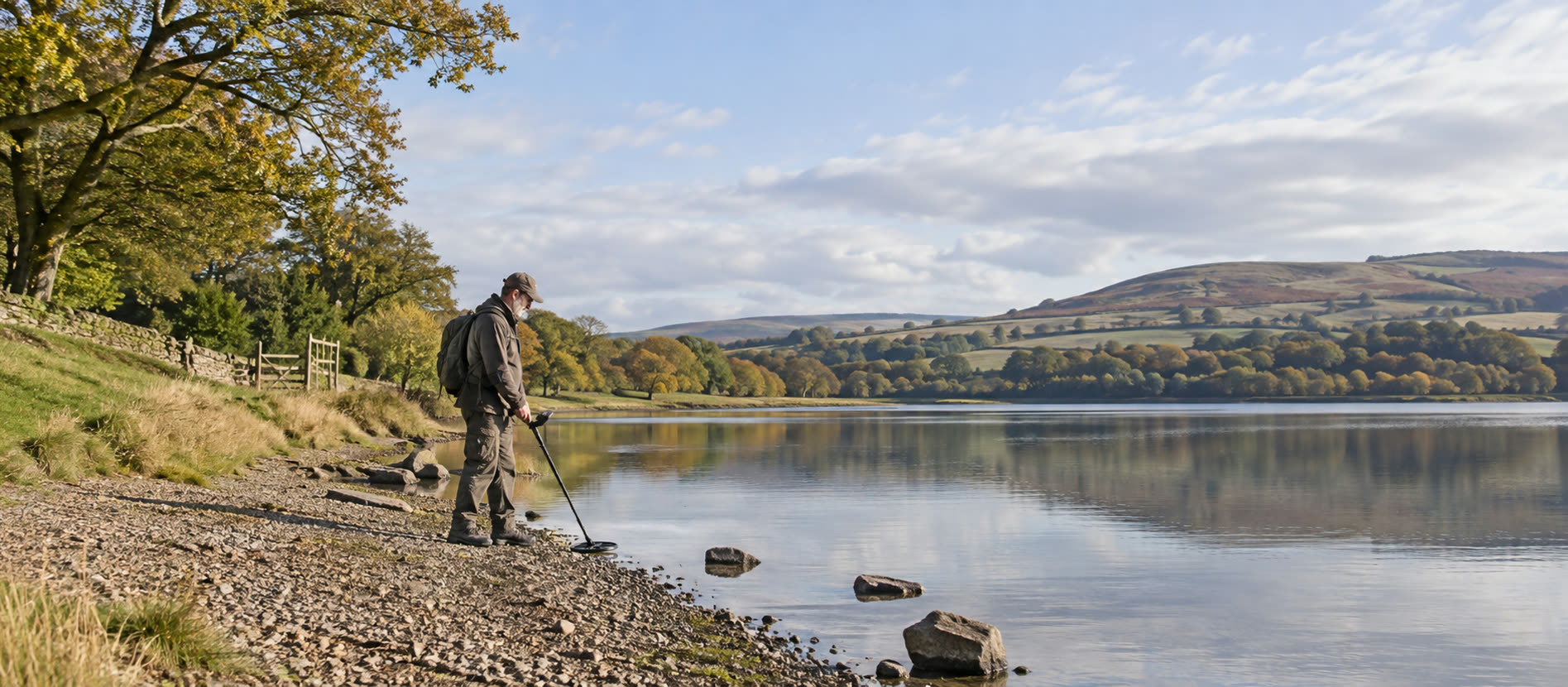 Detectorist standing on a firm freshwater margin with coil near the water