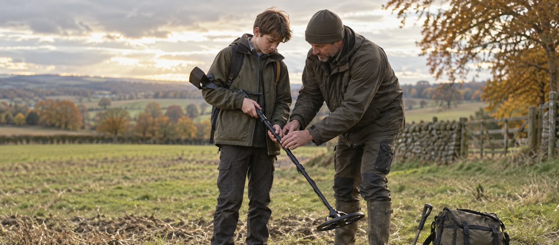 Teenager adjusting a detector shaft with an adult mentor on a British field