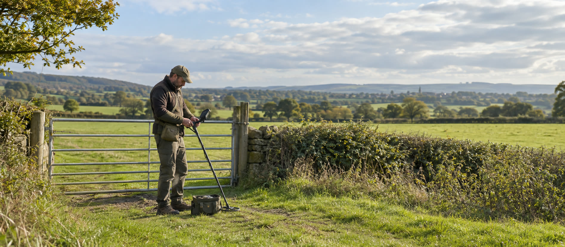 Detectorist assessing a British field before a careful search