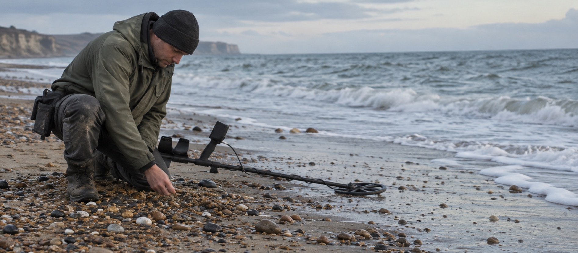 Detectorist preparing a metal detector beside a cloudy British shoreline