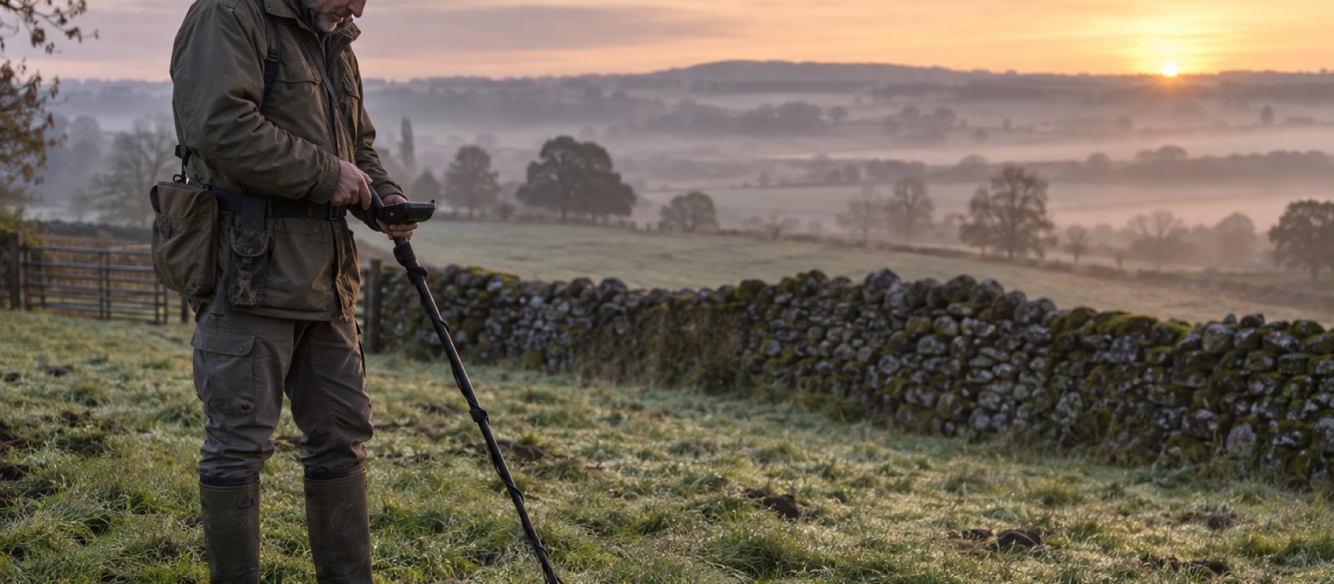 Detectorist preparing a metal detector beside a dew-covered British pasture