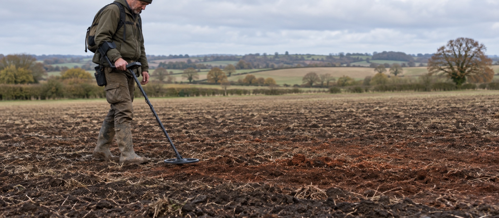 Detectorist searching patchy dark and rusty-coloured soil on an open British field