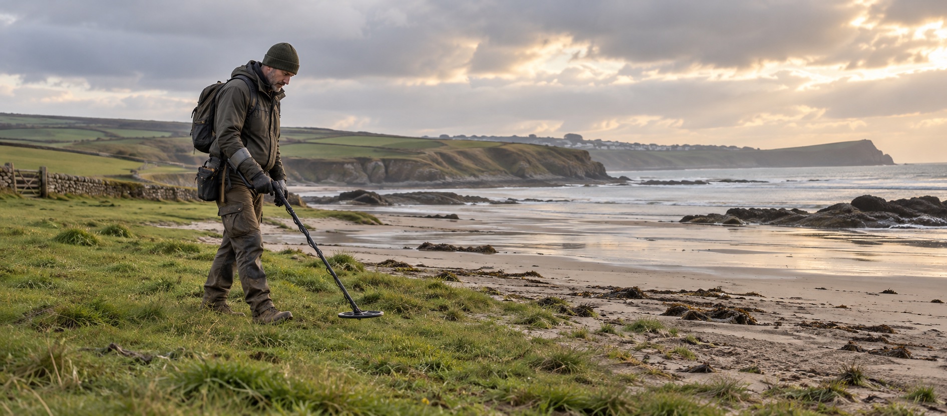 Detectorist sweeping where British pasture meets a wet coastal beach