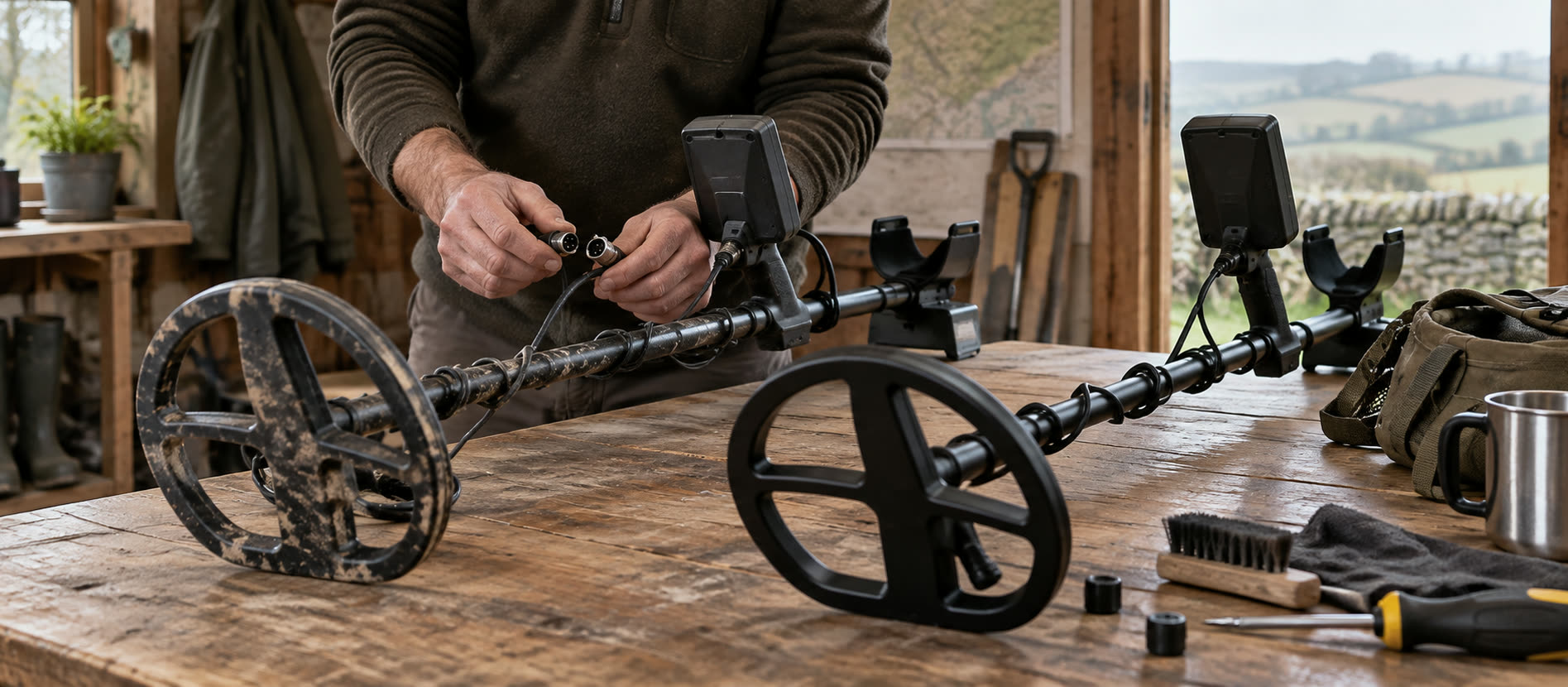 Hands comparing a clean detector with a visibly used detector on a workbench