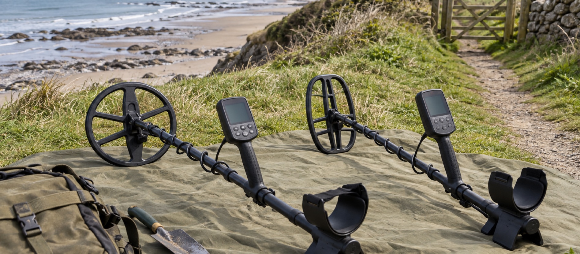 Two generic unbranded metal detectors on a canvas sheet near a British coastal path