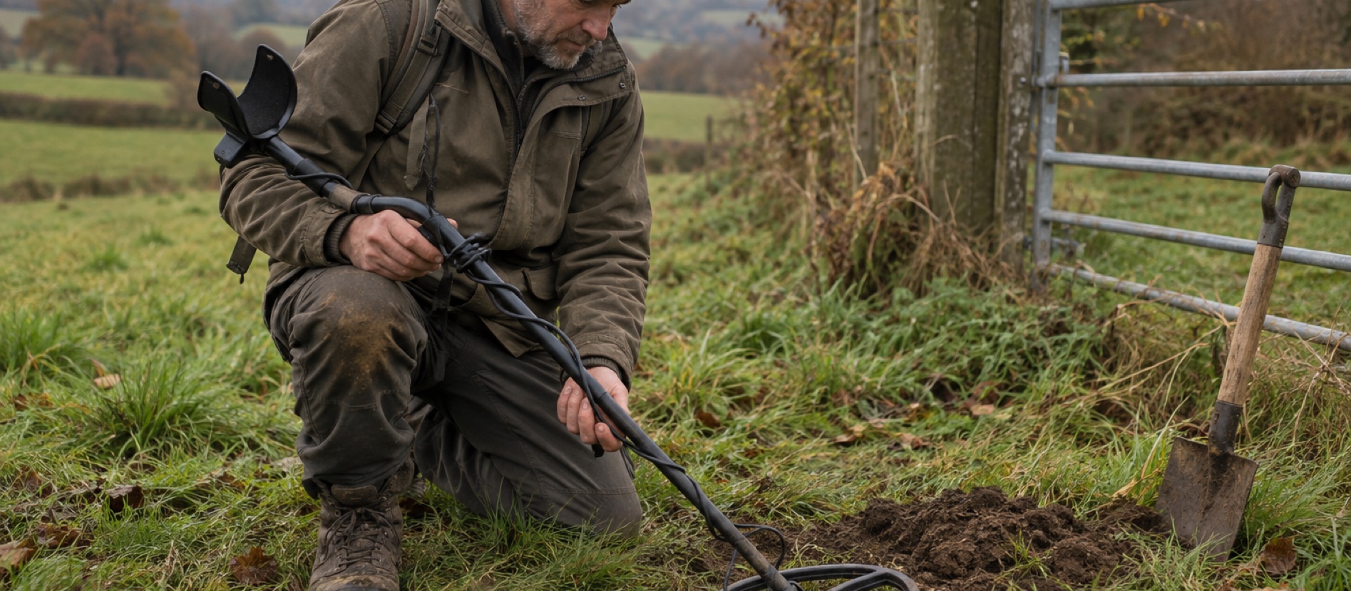 Detectorist checking a coil and shaft beside a British farm gate