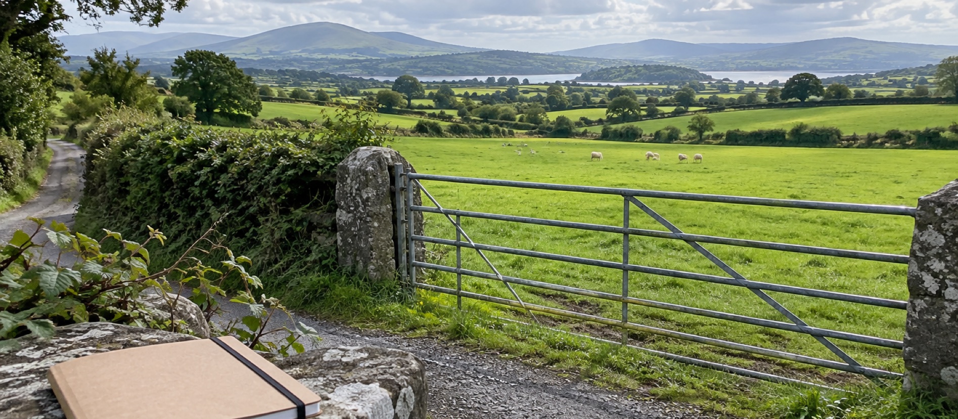 Green Northern Irish farmland seen from a rural lane