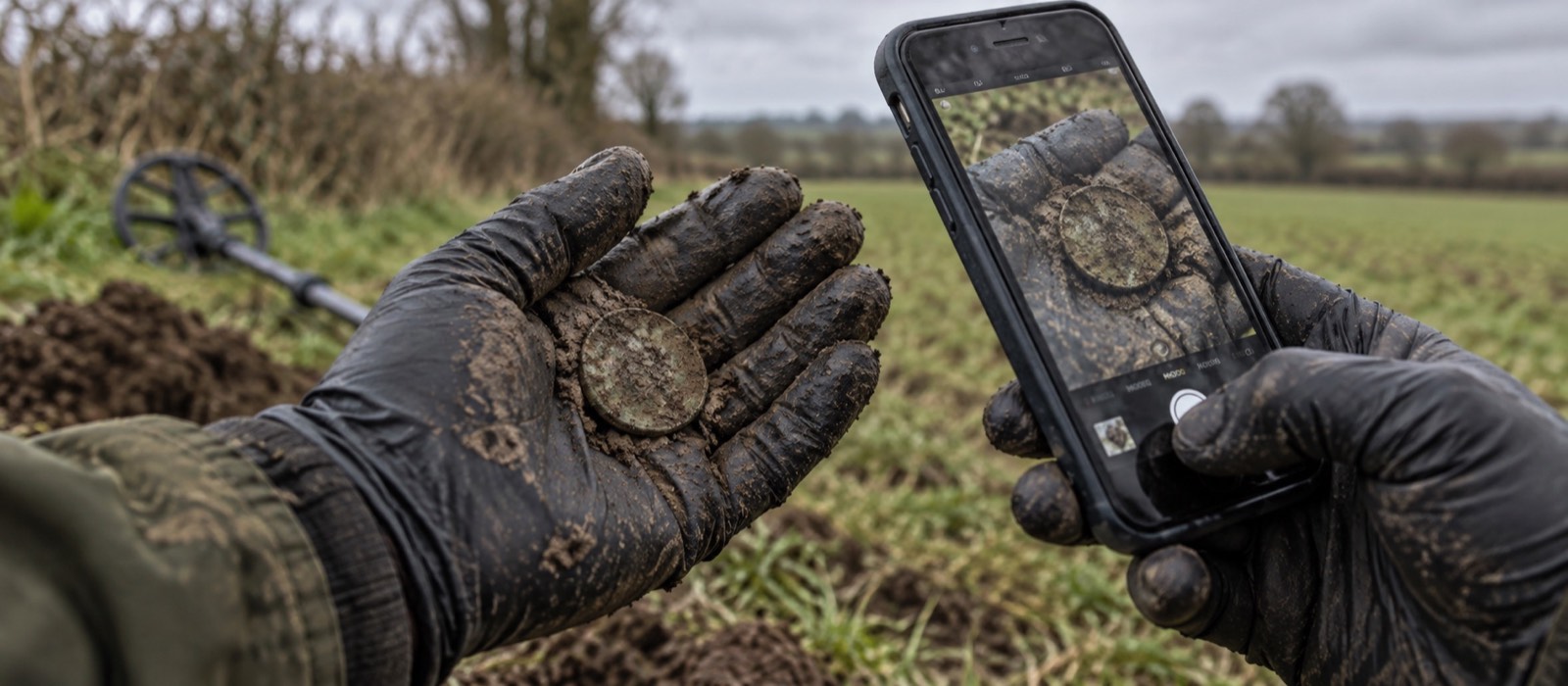 Mud-covered old coin held carefully in a gloved hand while its condition is photographed