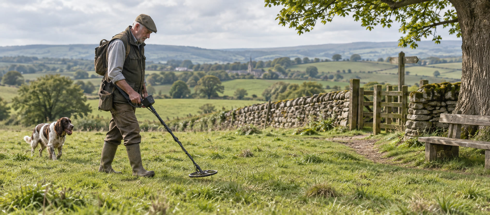 Older detectorist searching level British pasture near a place to rest