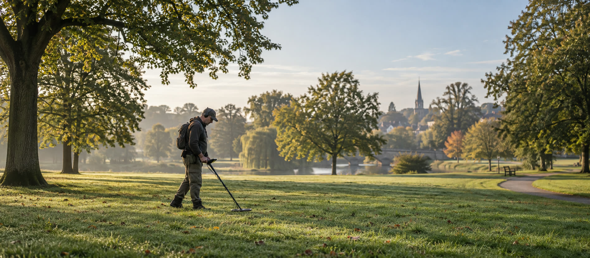 Detectorist sweeping a permitted open grass area in a quiet British park