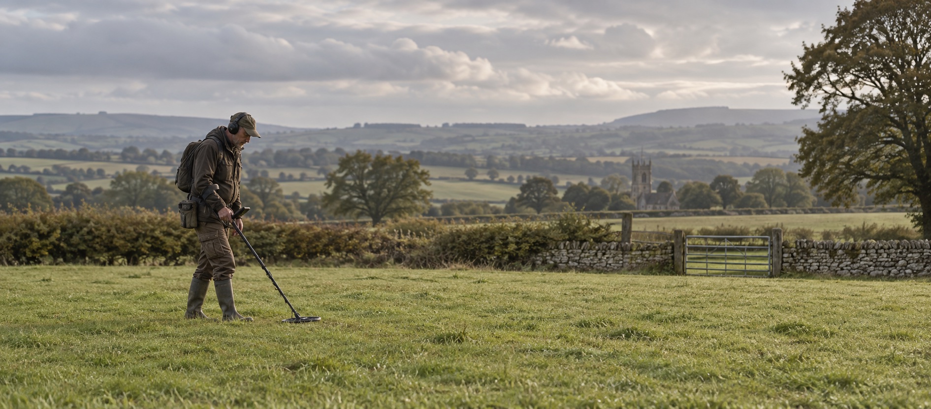Detectorist sweeping short pasture beside a British stone wall and closed field gate
