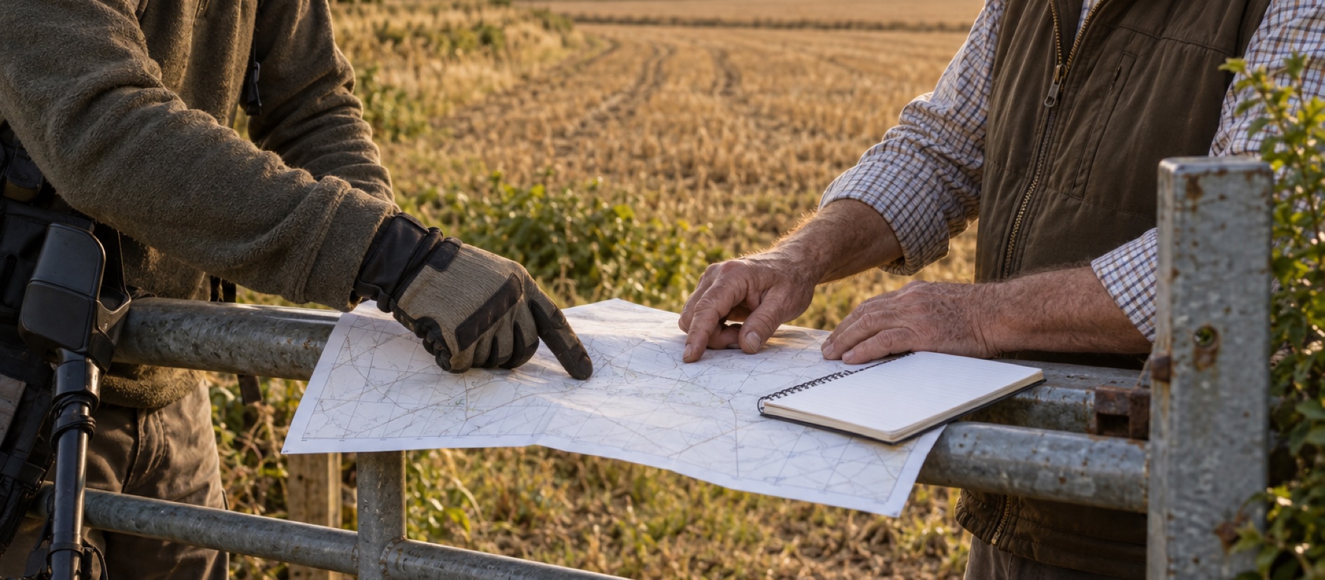 Field map and notebook being reviewed at a farm gate