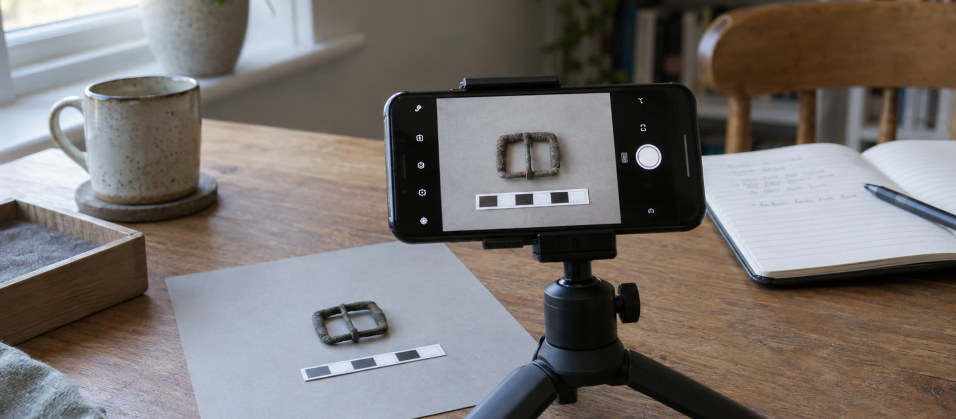 Phone on a small tripod photographing a plain metal buckle beside a scale