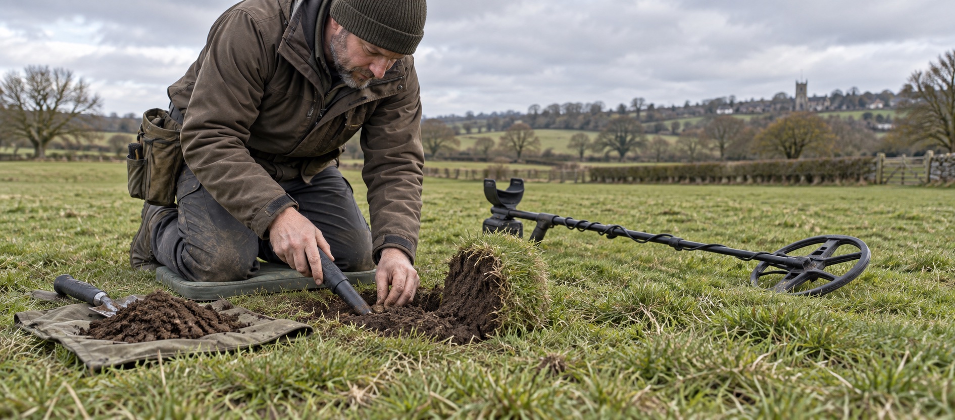 Detectorist using a handheld pinpointer beside a neat pasture turf plug