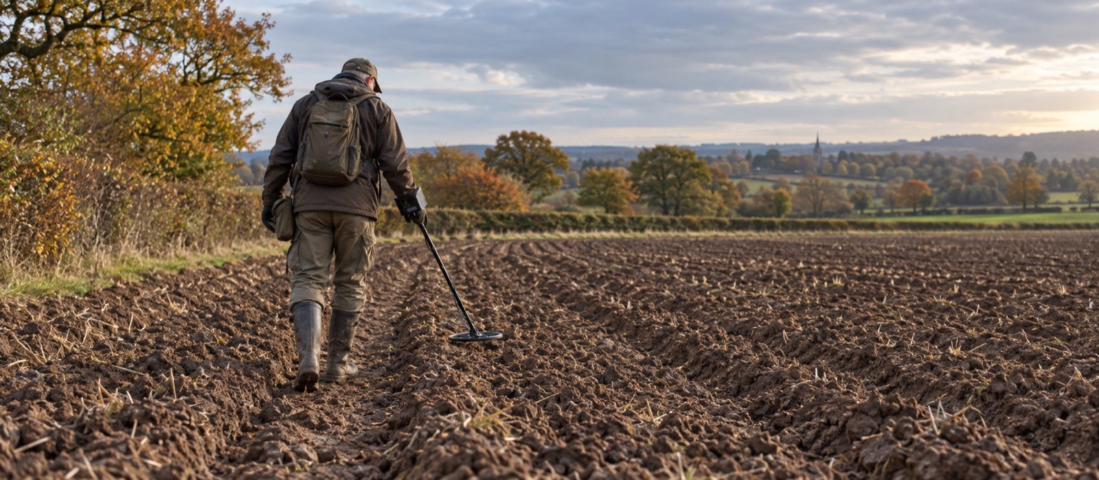 Detectorist walking carefully along the furrows of a freshly ploughed British field