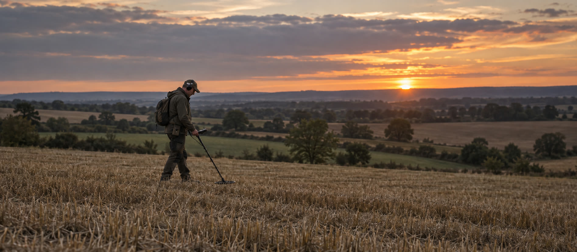 Experienced detectorist on a British stubble field