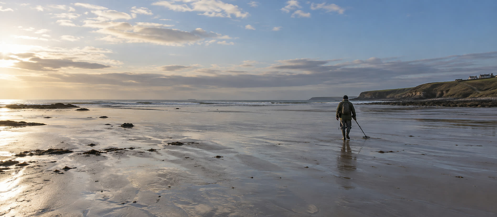 Adult detectorist on a broad British salt beach