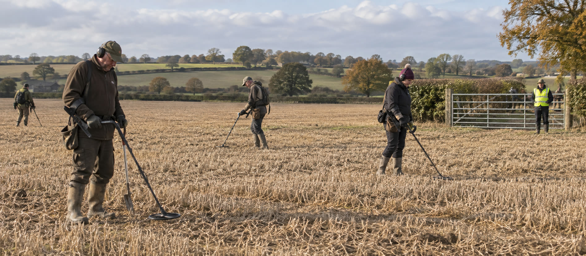 Detectorists widely spaced across a harvested British field at an organised search