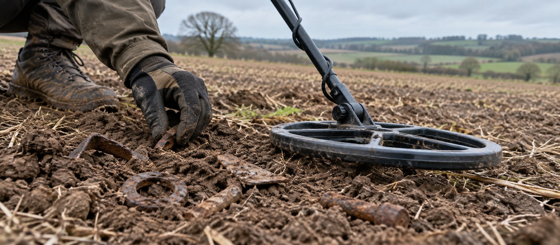 Detectorist listening through headphones while sweeping short British pasture