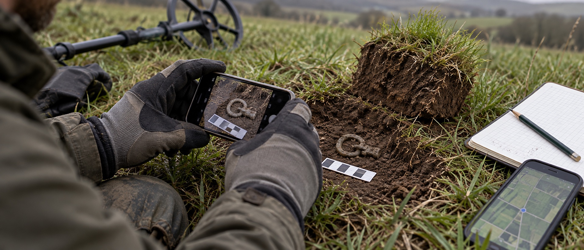 Detectorist photographing a soil-covered find beside its exact grassland findspot