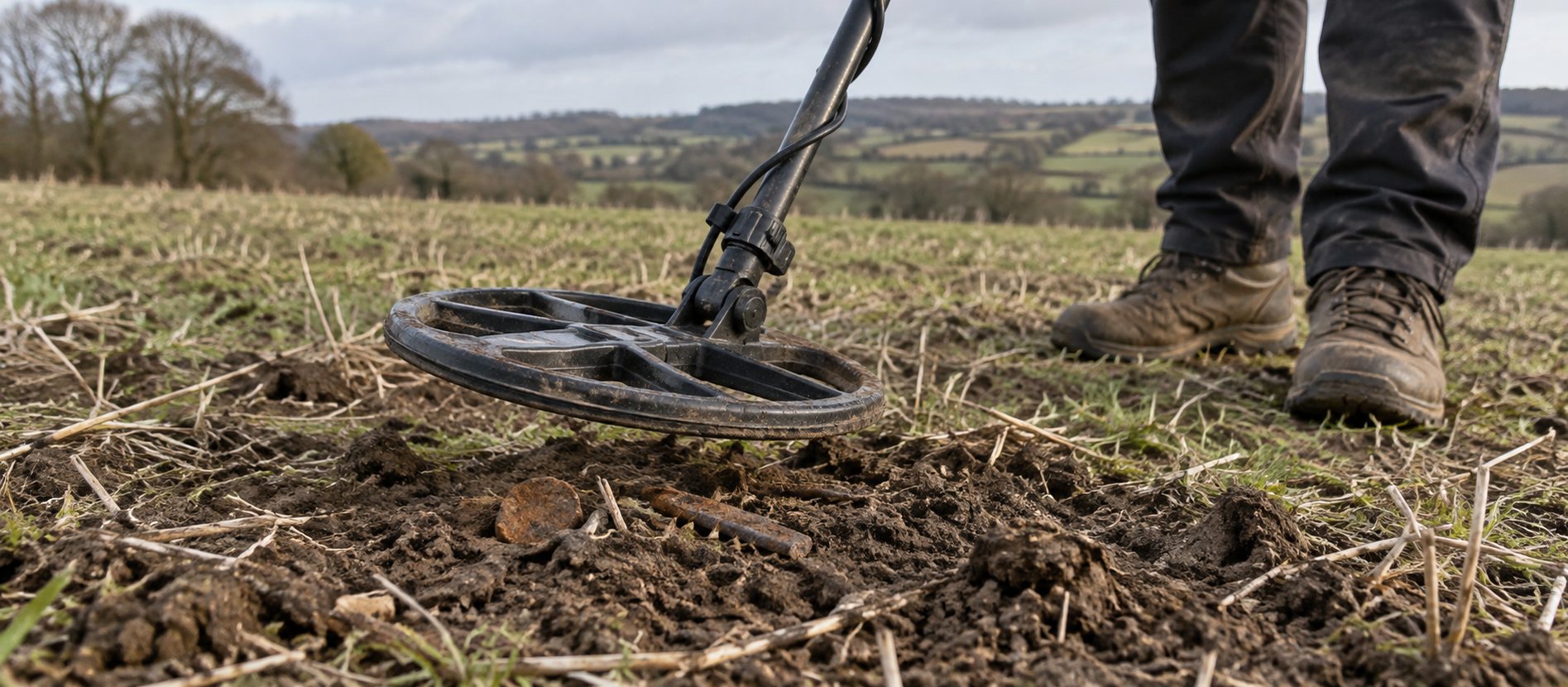 Detector coil crossing ordinary iron fragments in cultivated British soil