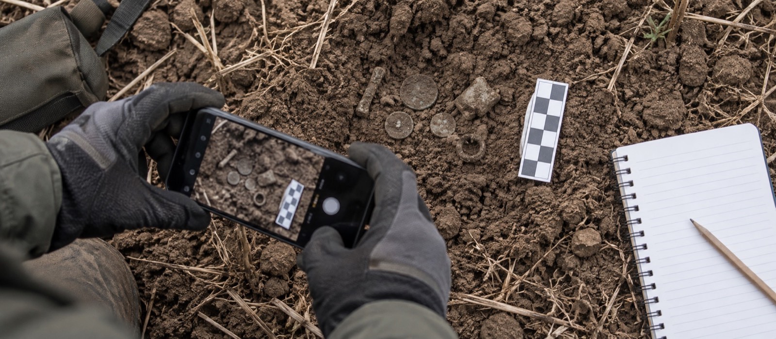Possible grouped metal find being photographed in place with a scale and field notebook