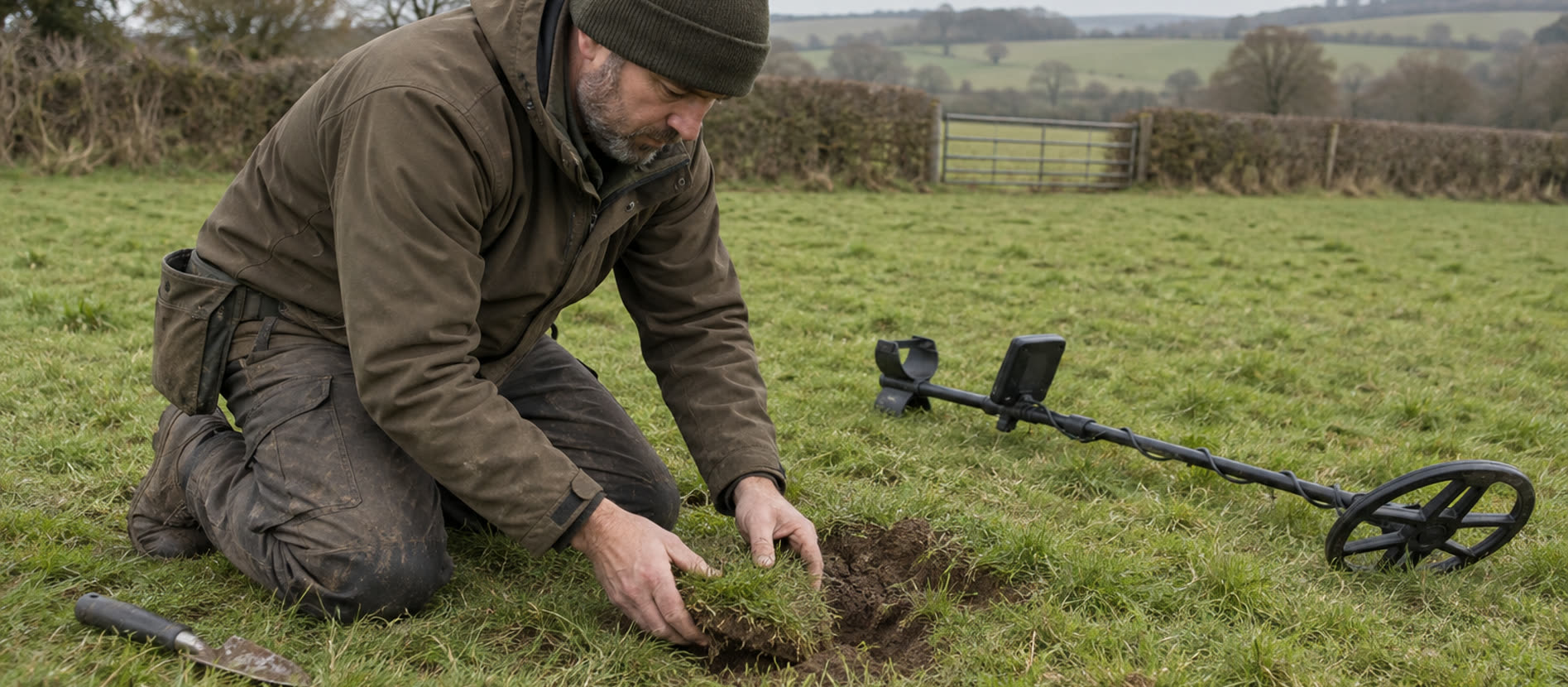 Detectorist replacing a neat turf plug in an ordinary British pasture