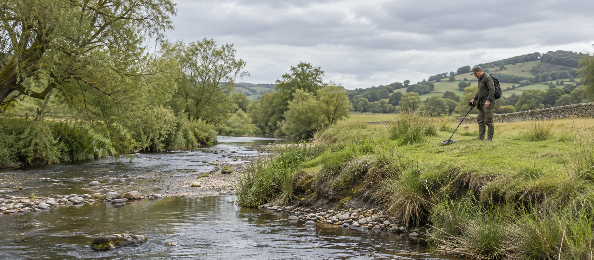 Detectorist on a stable grassy bank set back from a British stream