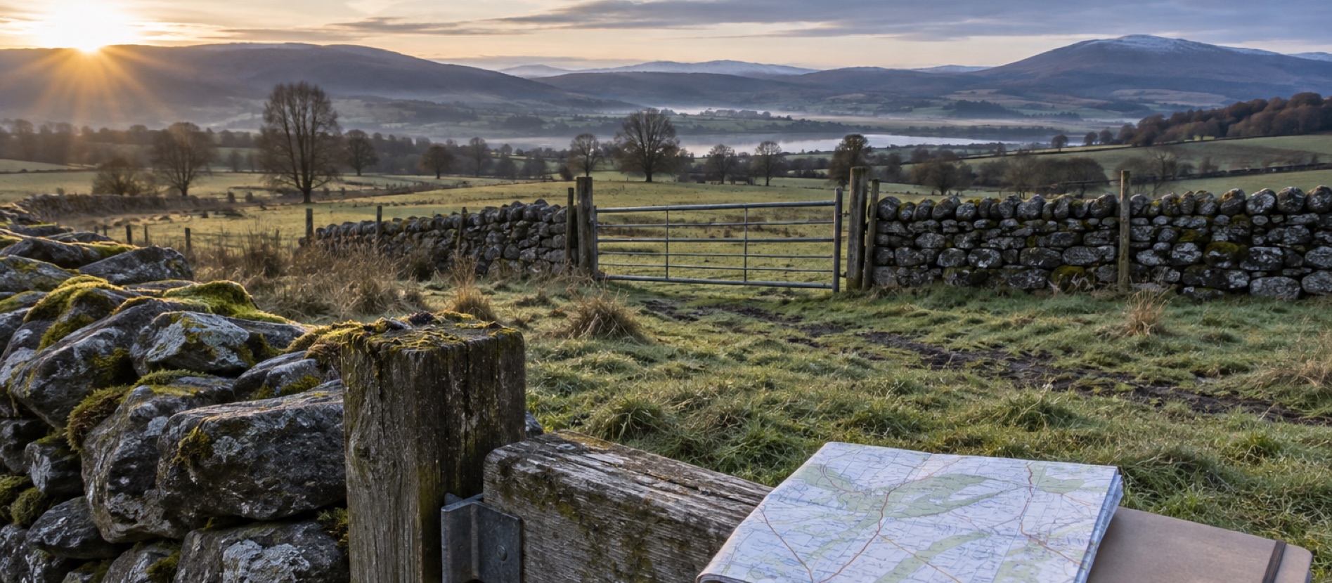 Scottish pasture beyond a stone wall and field gate