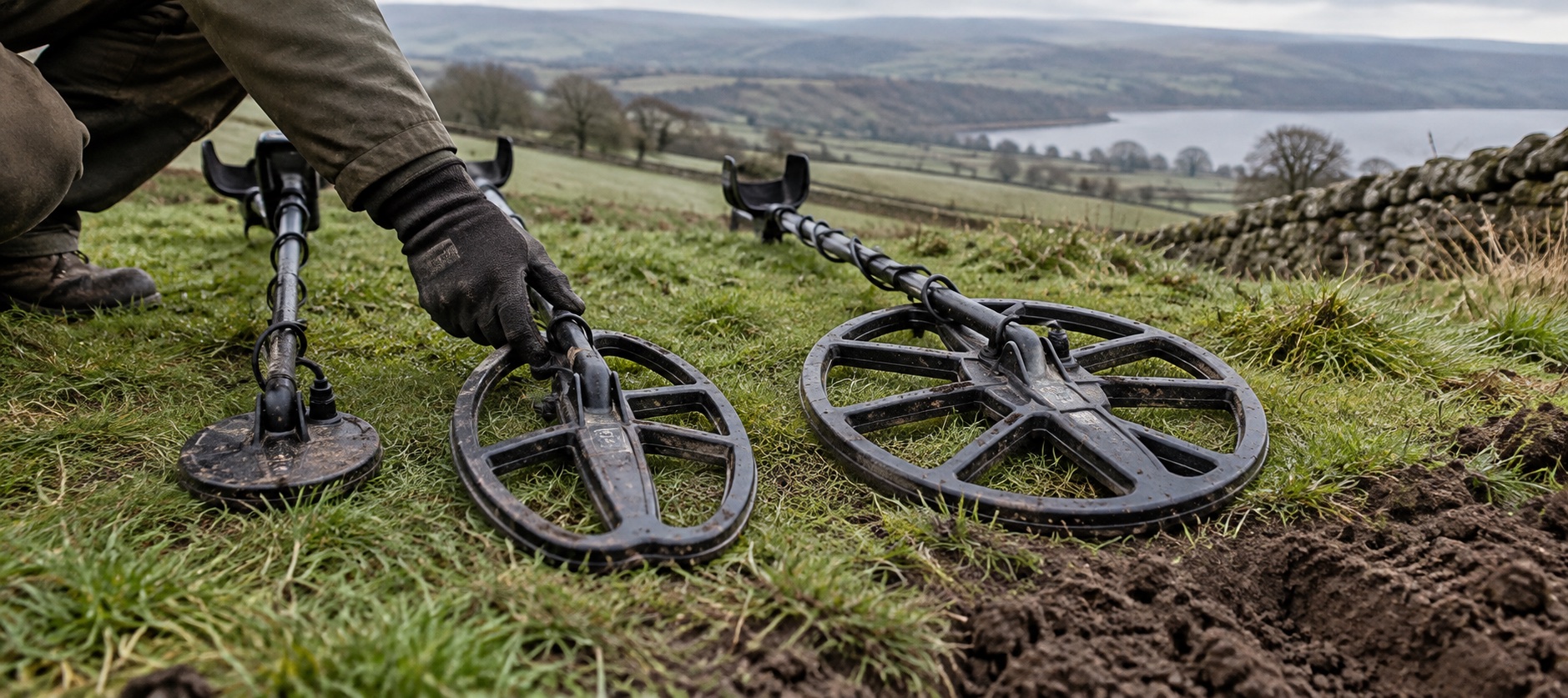Three different sizes and shapes of metal detector search coil laid on British grass