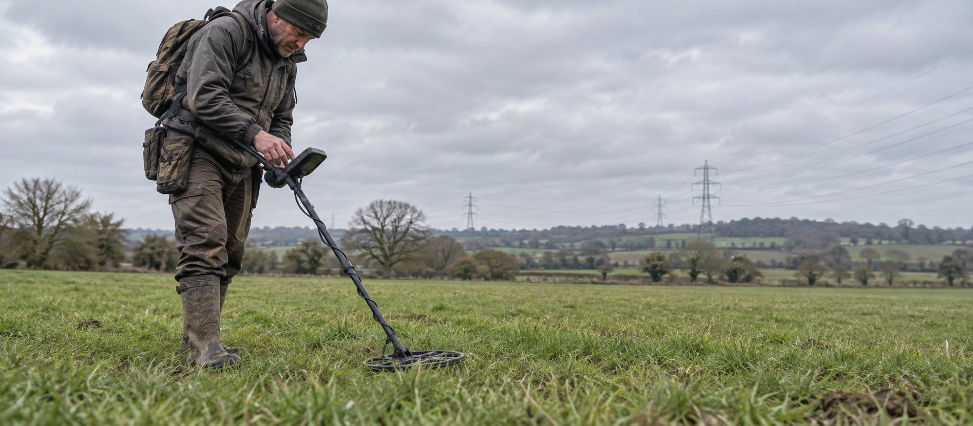 Detectorist adjusting a detector on pasture with distant power lines