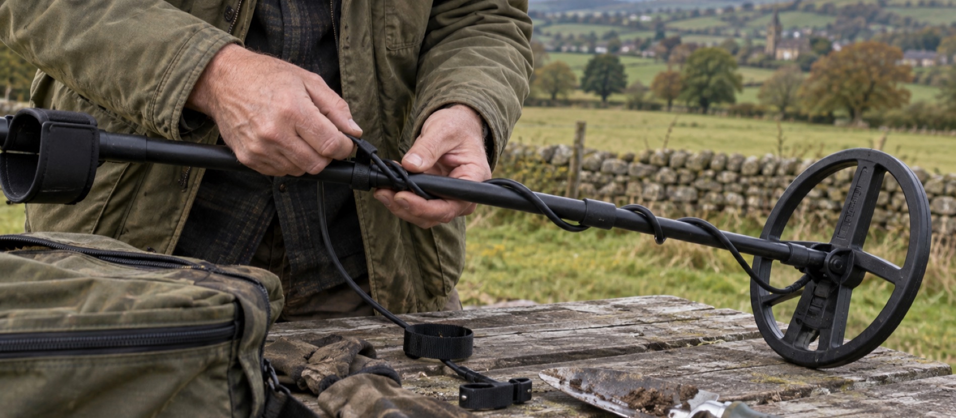 Hands securing a metal detector coil cable beside a British field