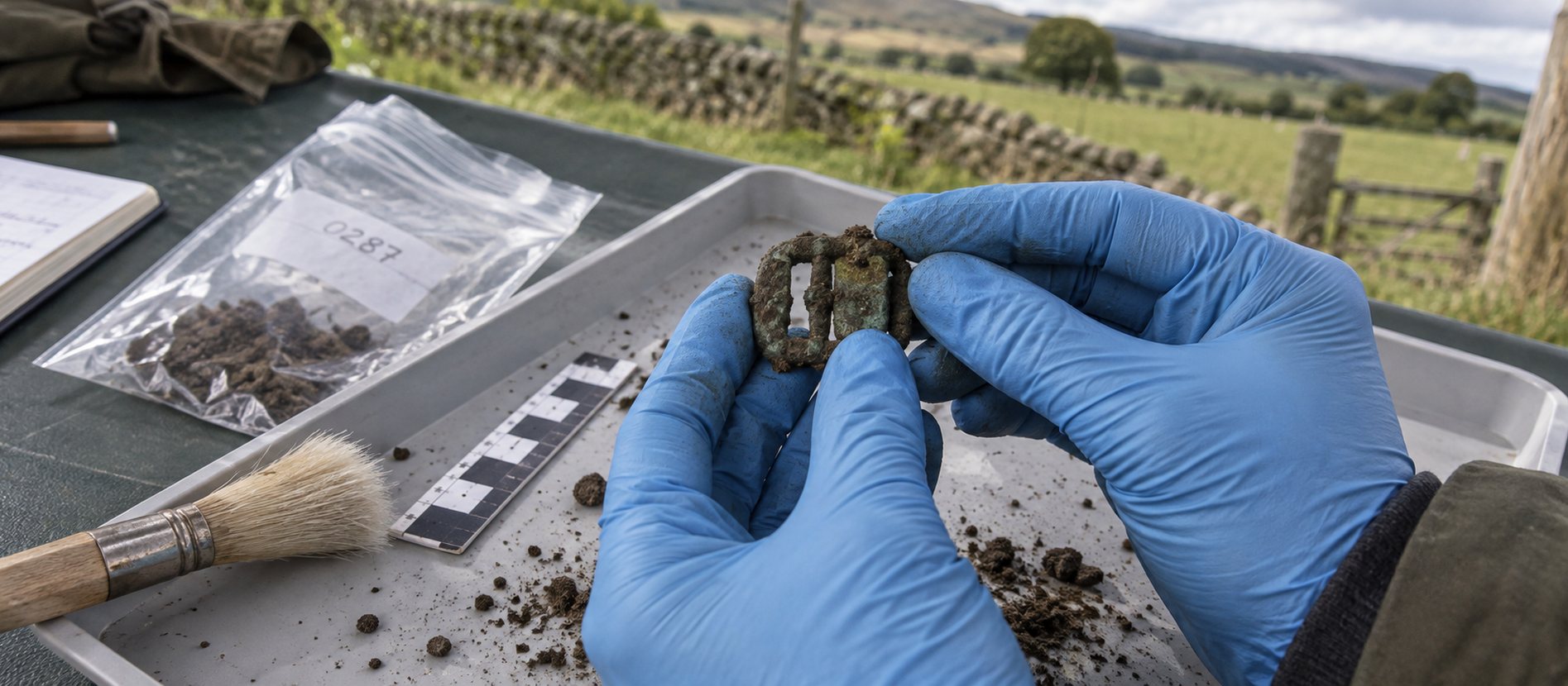 Gloved hands assessing a patinated buckle above a labelled finds tray