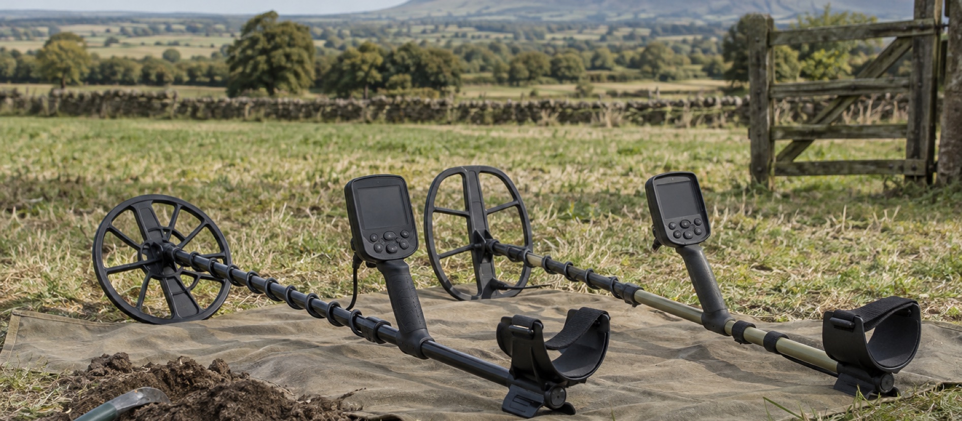 Two different unbranded metal detectors on a canvas sheet beside a British field