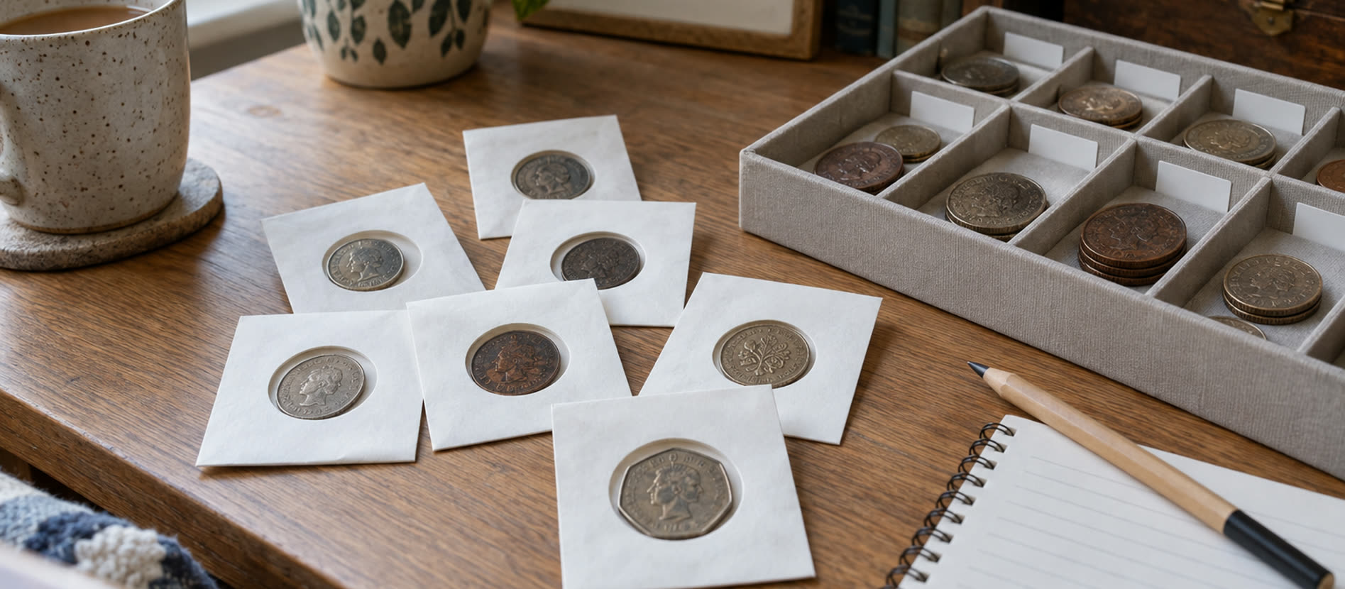 Separate worn found coins in a conservation-style tray with individual labels
