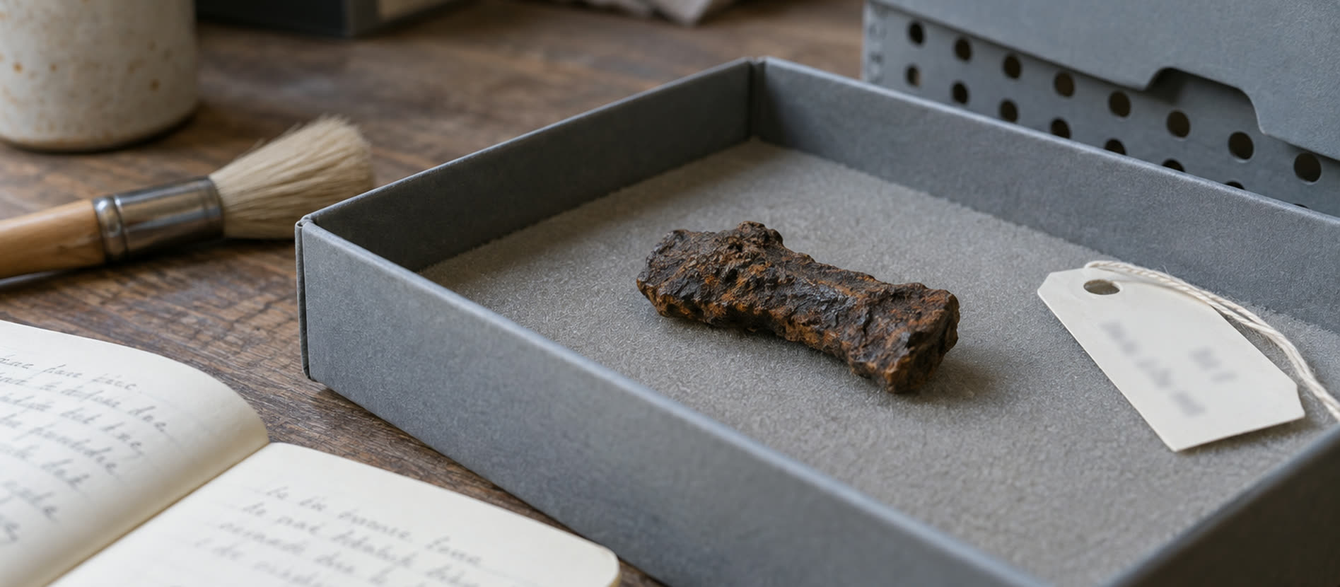 Corroded iron fragment resting separately in a labelled conservation tray
