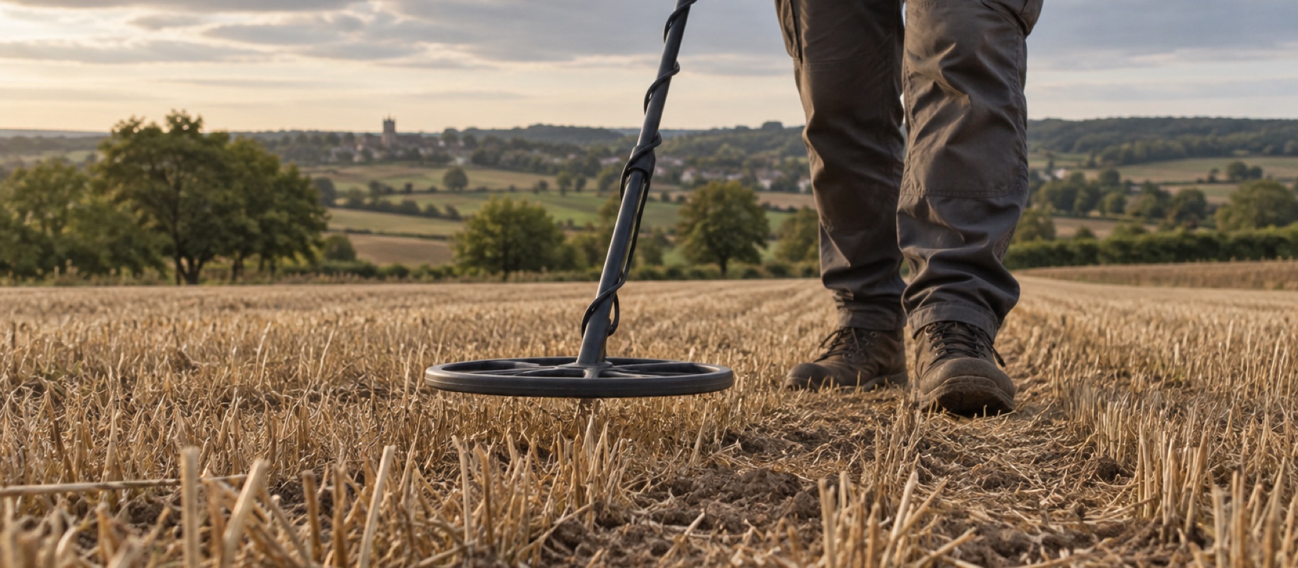 Detectorist holding a search coil low above short straw stubble on a British field