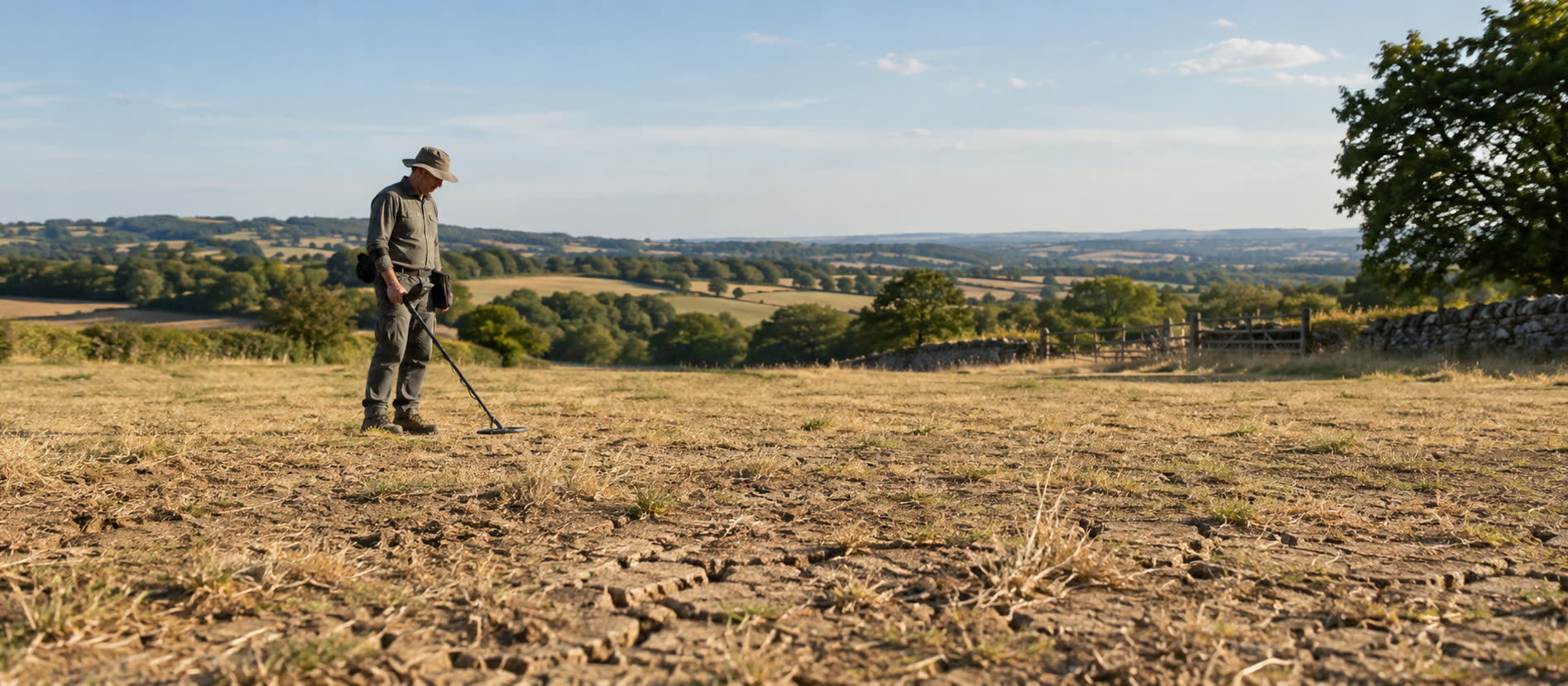 Detectorist assessing dry British pasture and hard ground before deciding not to dig